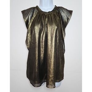 LOFT Womens Gold Metallic Flutter Sleeve Blouse Size Large NWT